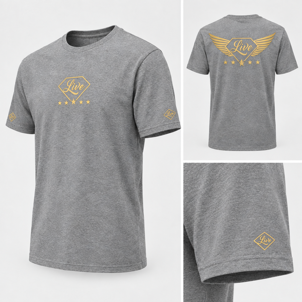 Grey T-shirt side with diamond logo on lower sleeve