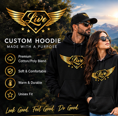 Live Custom Purpose Hoodie campaign image showing gold winged logo