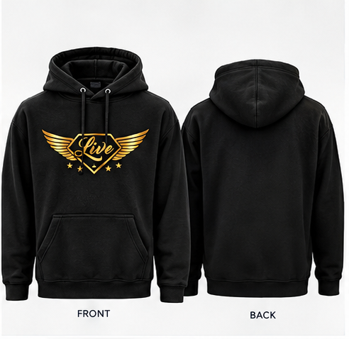 Two models wearing black Live hoodies