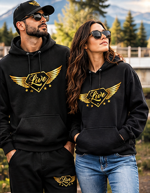 Back view of black hoodie showing small gold hood logo
