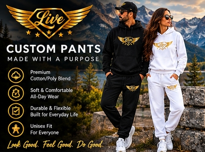 Live Custom pants campaign showing black and white joggers