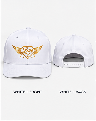 Close-up details of Live Custom hat embroidery, adjustable snapback, and comfortable inner band