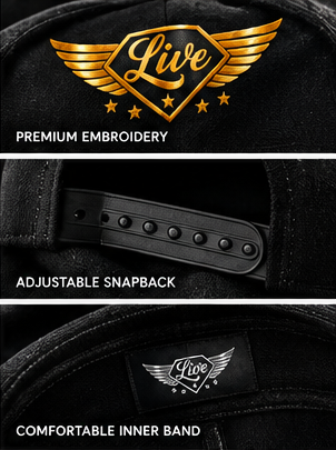 Key features of Live Custom hats including breathable fabric and unisex design