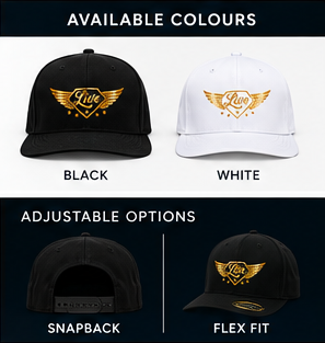 Live Custom hats lifestyle graphic showing features and premium cotton poly blend