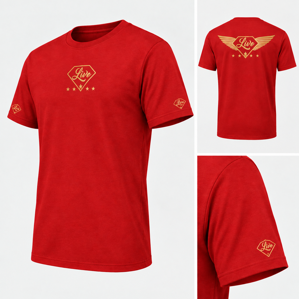 Red T-shirt side with diamond logo on lower sleeve