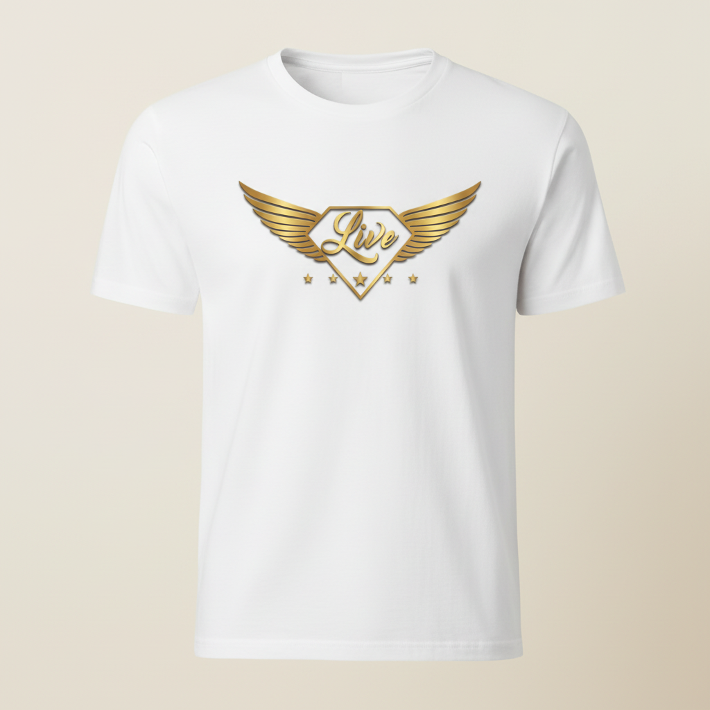 White Gold Collection T-shirt with the Live metallic gold-wing logo on the front
