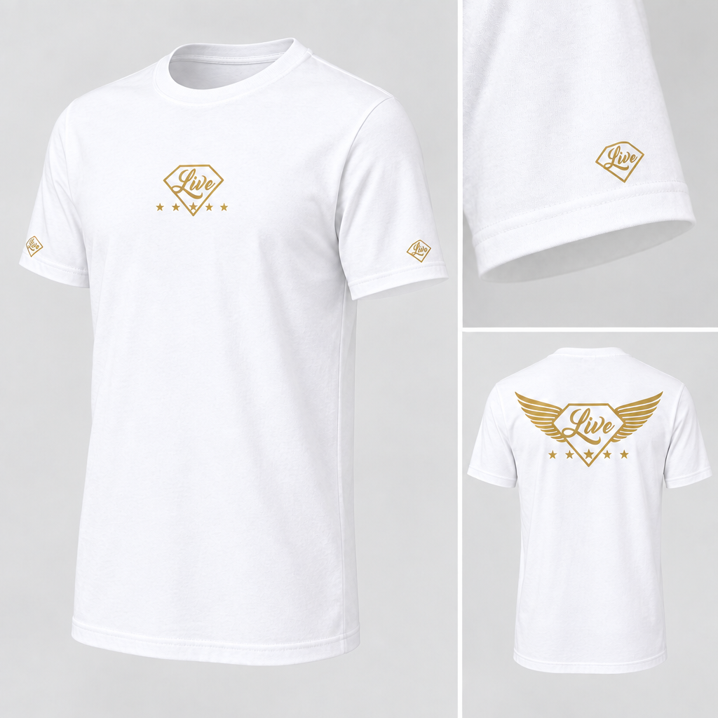White T-shirt side with diamond logo on lower sleeve