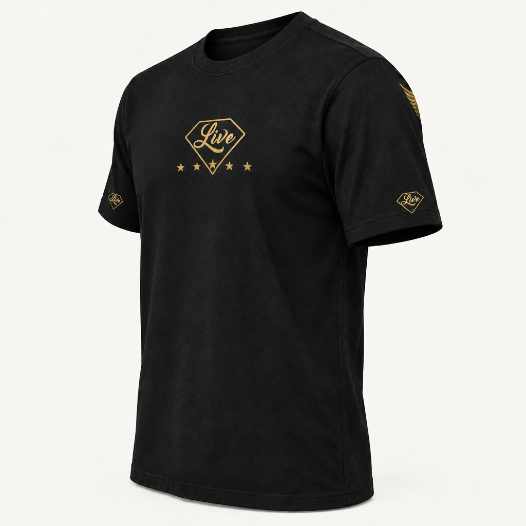 Black T-shirt side with diamond logo on lower sleeve