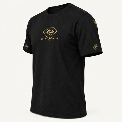 Black T-shirt side with diamond logo on lower sleeve