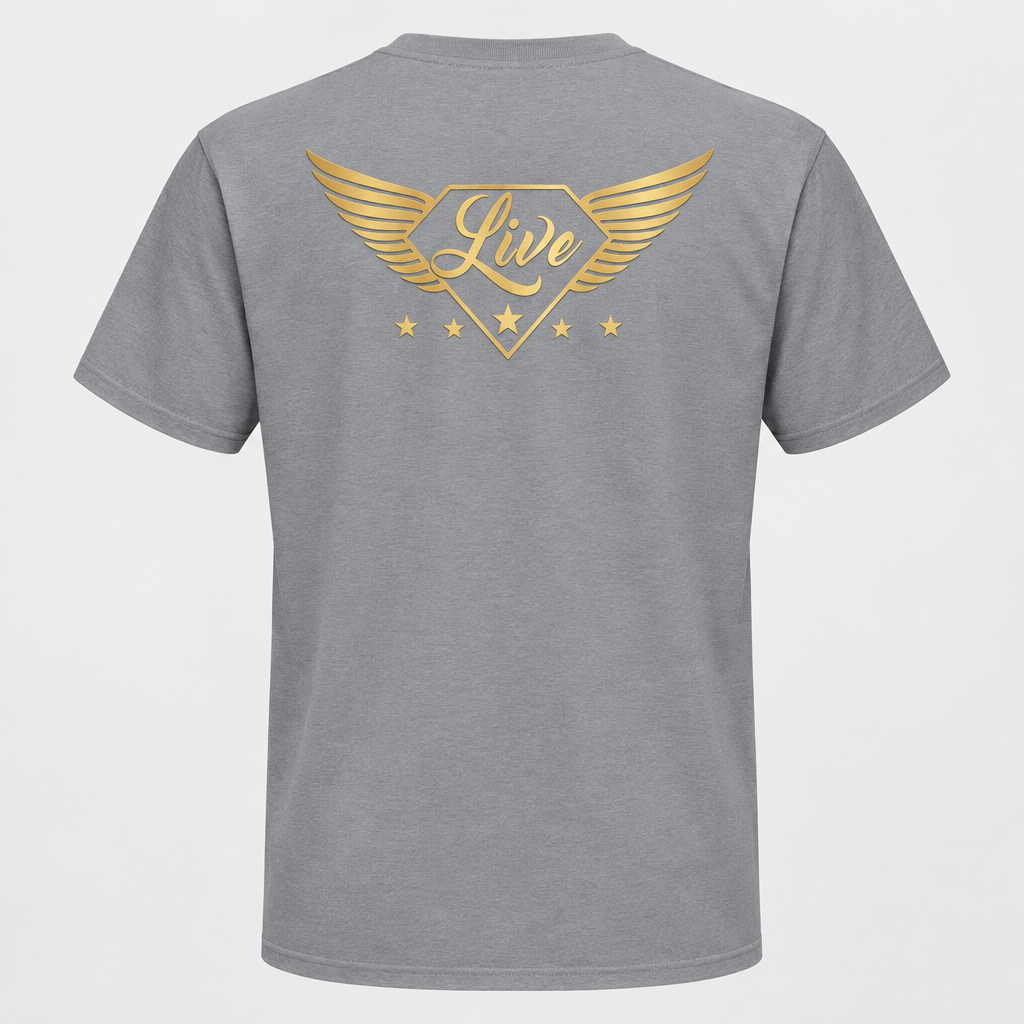 Grey T-shirt back with winged gold Live logo
