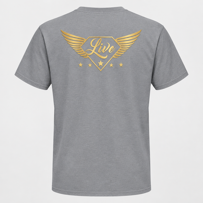 Grey T-shirt back with winged gold Live logo