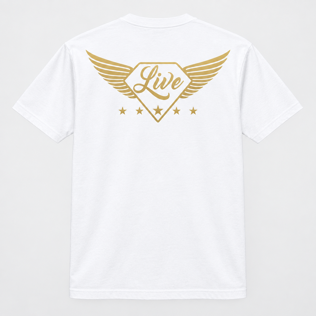 White T-shirt back with winged gold Live logo