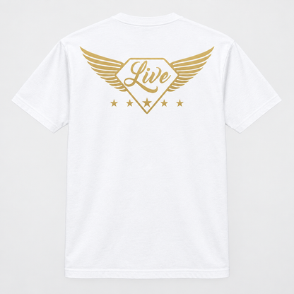 White T-shirt back with winged gold Live logo