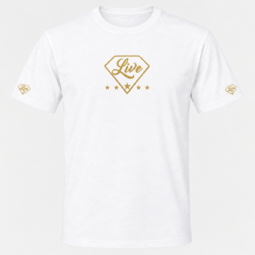 White Live Gold S Edition T-shirt front mockup