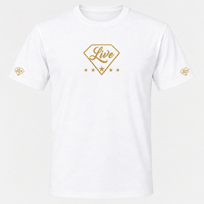 White Live Gold S Edition T-shirt front mockup