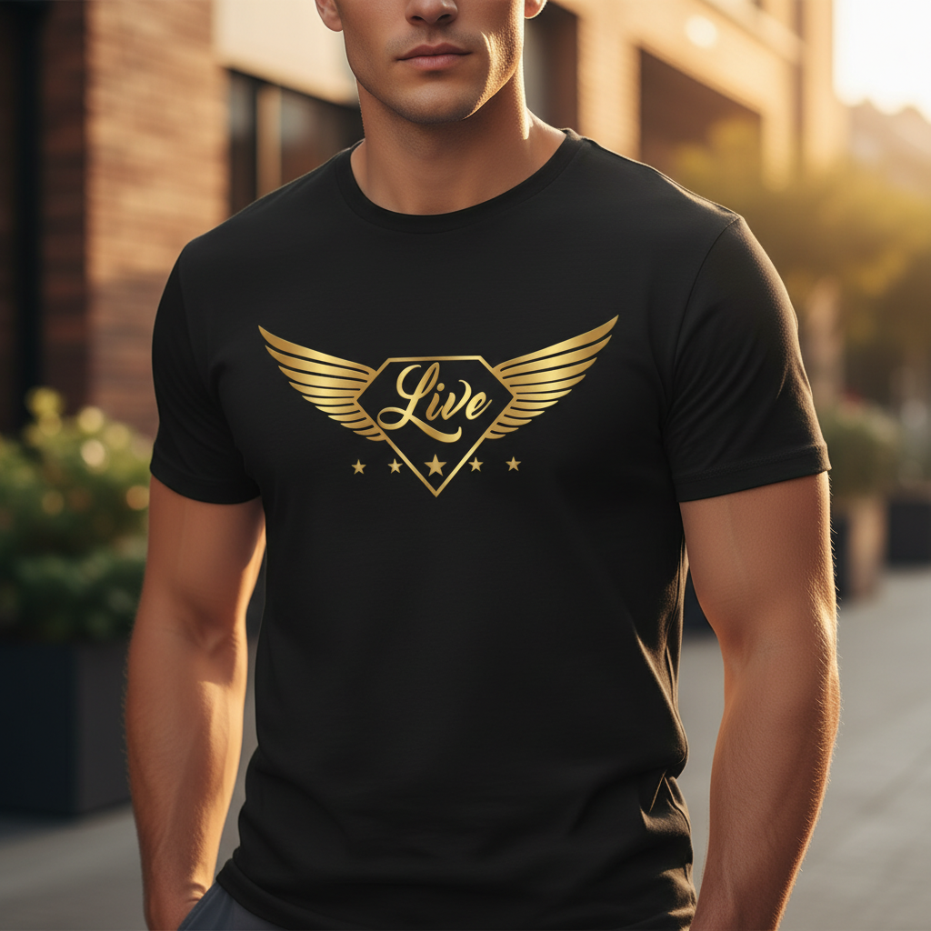 Model wearing the black Gold Collection T-shirt with the Live metallic gold-wing logo