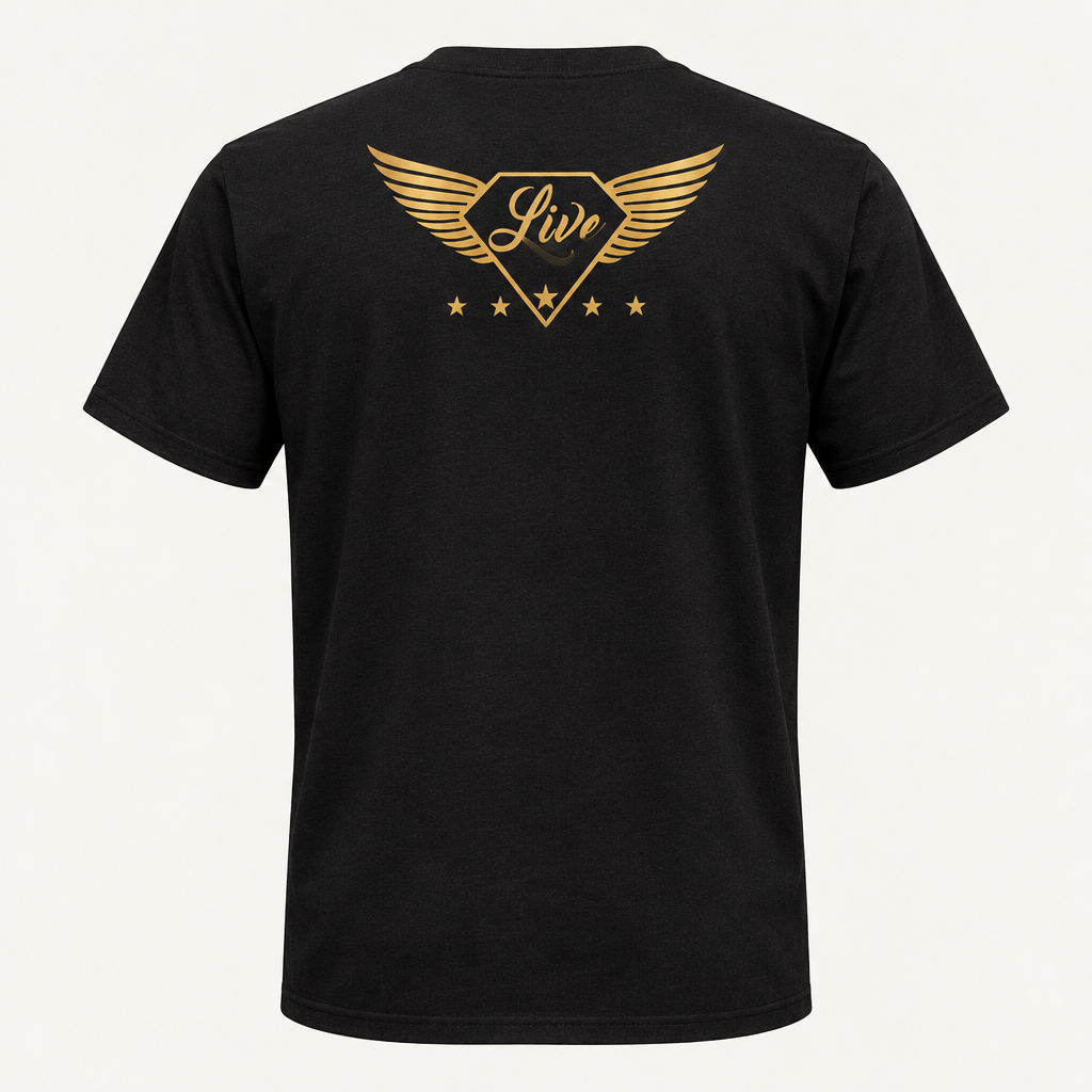Black T-shirt back with winged gold Live logo
