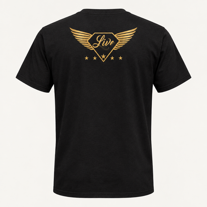 Black T-shirt back with winged gold Live logo