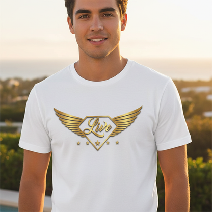 Model wearing the white Gold Collection T-shirt with the Live metallic gold-wing logo