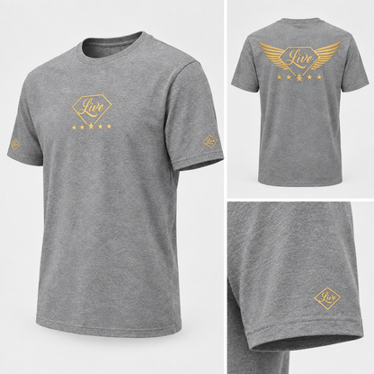 Grey T-shirt side with diamond logo on lower sleeve