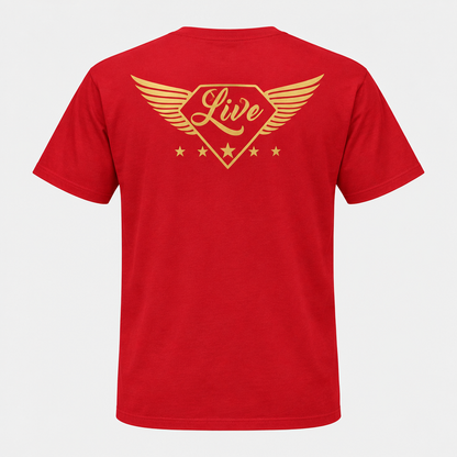 Red T-shirt back with winged gold Live logo