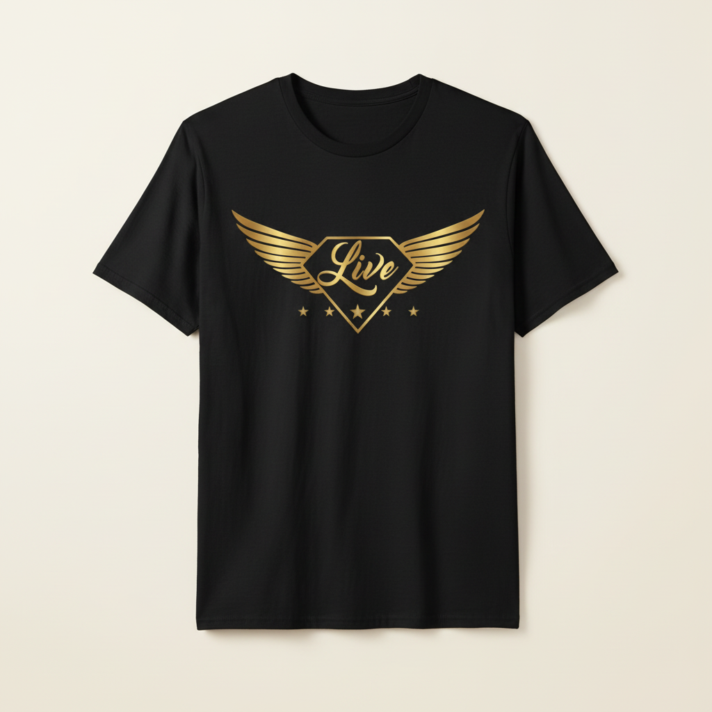 Black Gold Collection T-shirt with the Live metallic gold-wing logo on the front