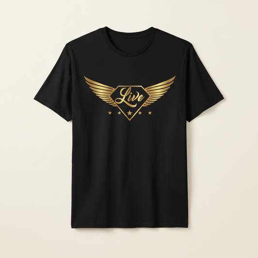 Black Gold Collection T-shirt with the Live metallic gold-wing logo on the front